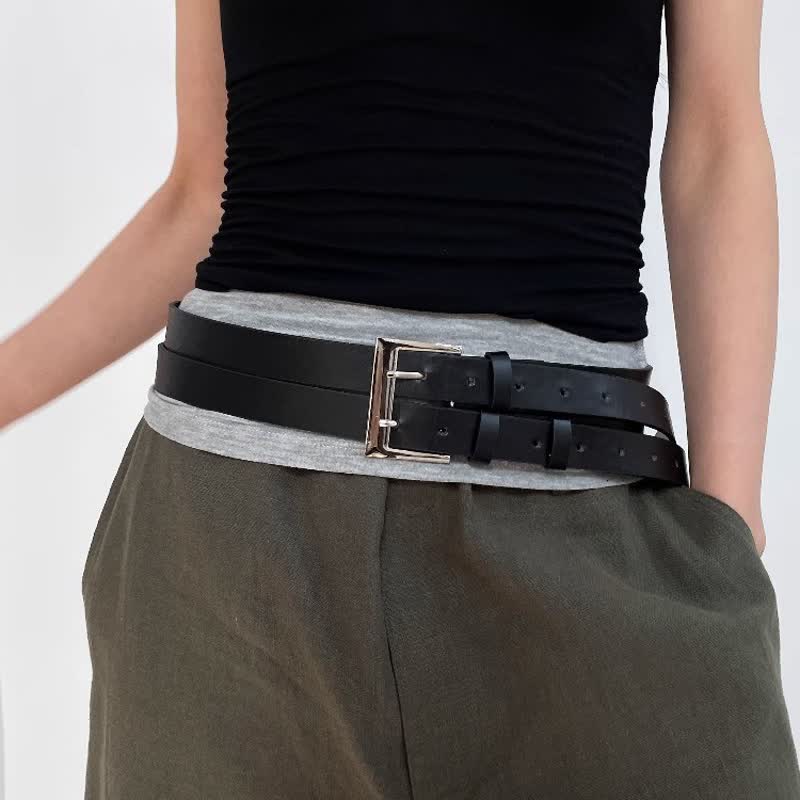 Women's Novel Double Prong Dual Strap Black Leather Belt - image 7