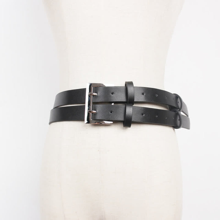 Women's Novel Double Prong Dual Strap Black Leather Belt