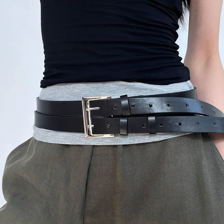 Women's Novel Double Prong Dual Strap Black Leather Belt - Black - 32 - image 0