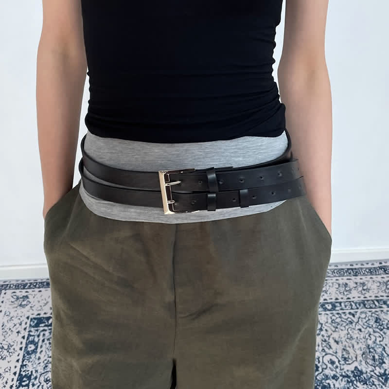 Women's Novel Double Prong Dual Strap Black Leather Belt - image 6