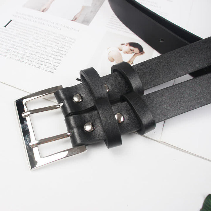 Women's Novel Double Prong Dual Strap Black Leather Belt
