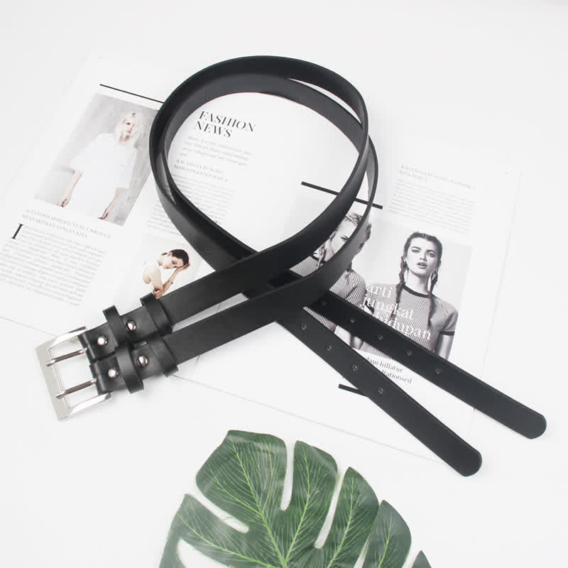 Women's Novel Double Prong Dual Strap Black Leather Belt