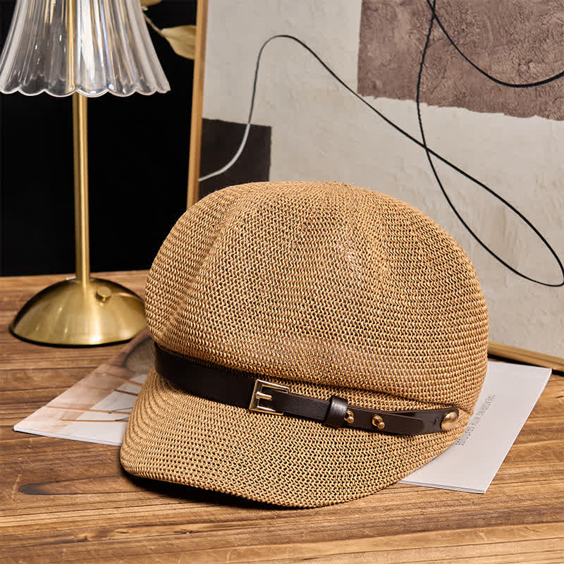Women's Woven Leather Band Decor Beach Straw Beret Hat