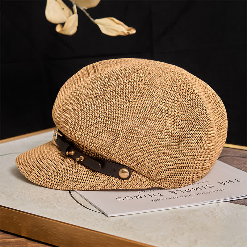 Women's Woven Leather Band Decor Beach Straw Beret Hat