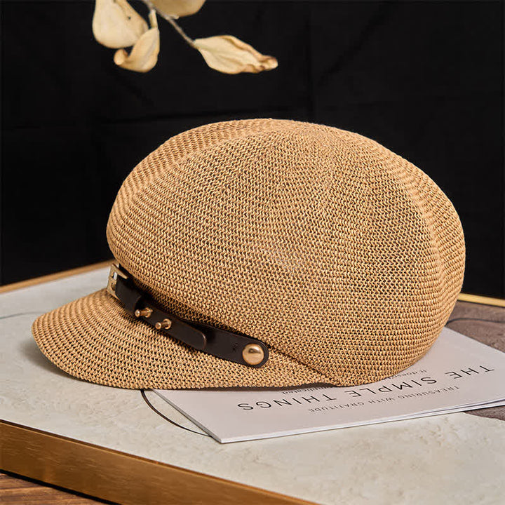 Women's Woven Leather Band Decor Beach Straw Beret Hat