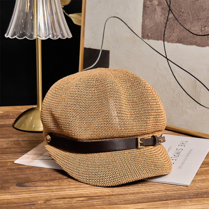 Women's Woven Leather Band Decor Beach Straw Beret Hat