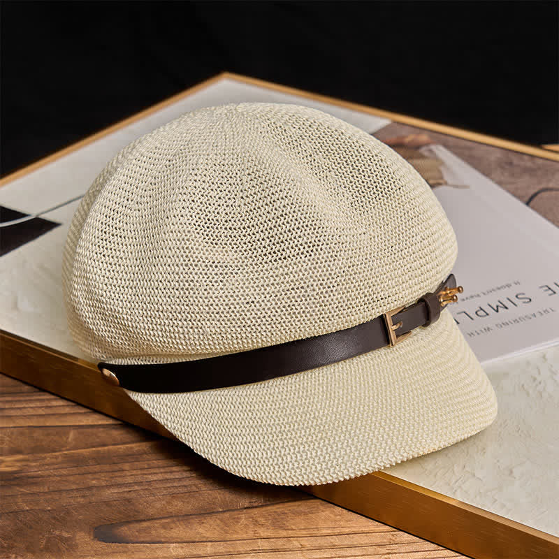 Women's Woven Leather Band Decor Beach Straw Beret Hat