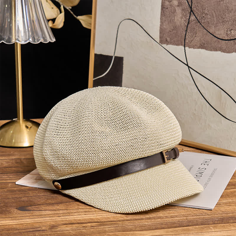 Women's Woven Leather Band Decor Beach Straw Beret Hat