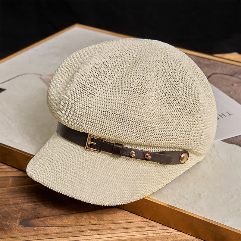 Women's Woven Leather Band Decor Beach Straw Beret Hat