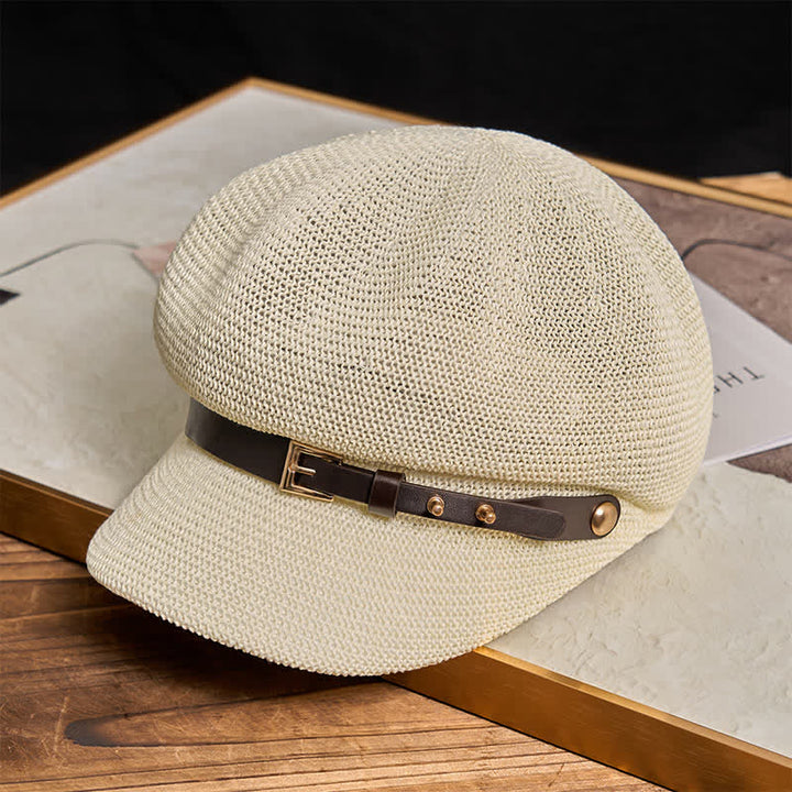Women's Woven Leather Band Decor Beach Straw Beret Hat