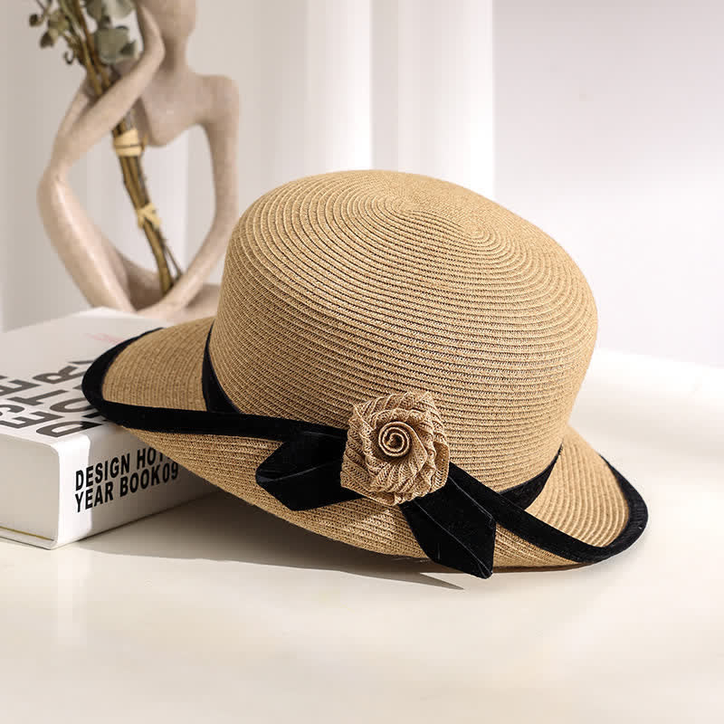 Women's Elegant Two Tone Floral Foldable StrawHat - Khaki - Adjustable (20 7/8"-22 1/2") - image 0