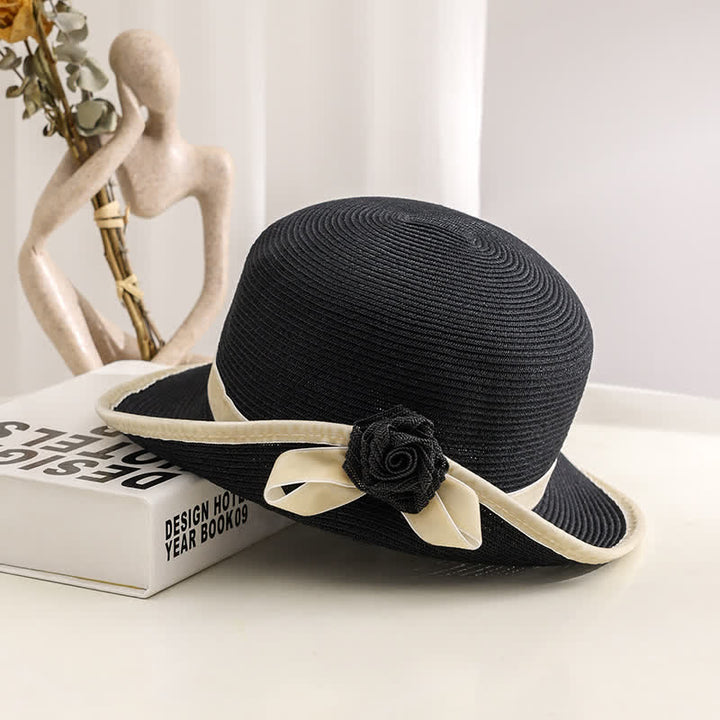 Women's Elegant Two Tone Floral Foldable StrawHat - Black - Adjustable (20 7/8"-22 1/2") - image 4
