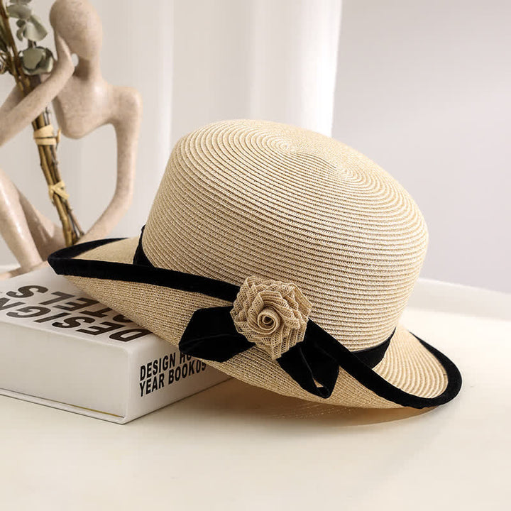 Women's Elegant Two Tone Floral Foldable StrawHat - Ivory - Adjustable (20 7/8"-22 1/2") - image 5