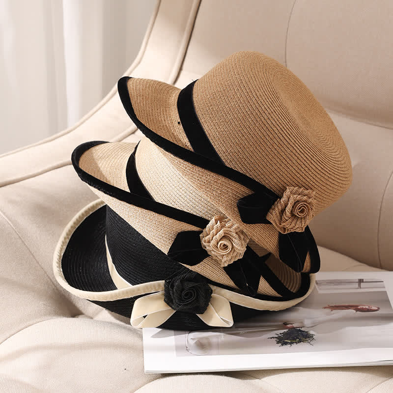 Women's Elegant Two Tone Floral Foldable StrawHat - image 3