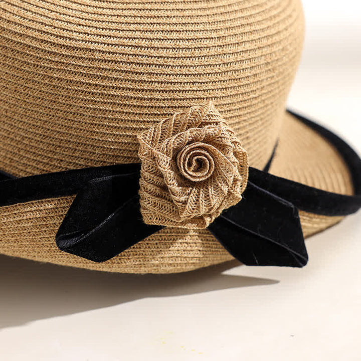 Women's Elegant Two Tone Floral Foldable StrawHat