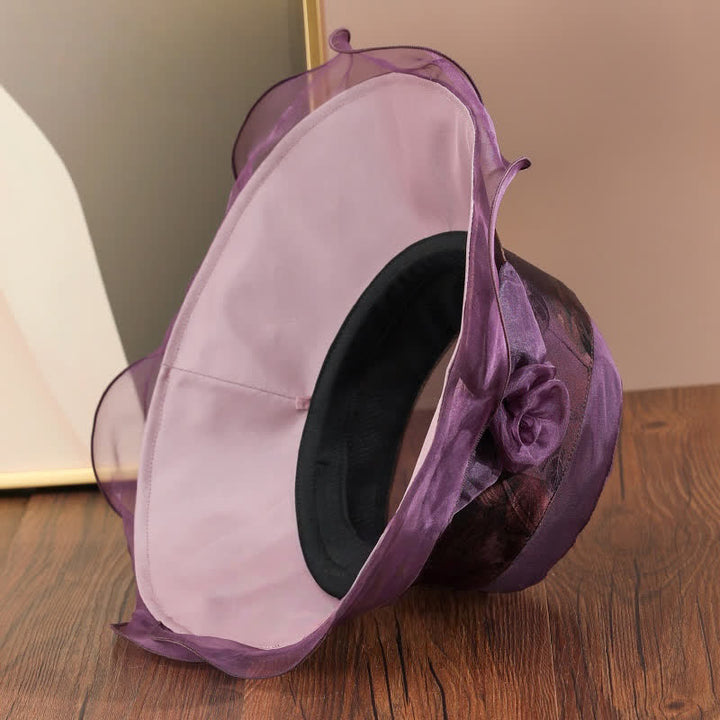 Women's Real Silk Lace Edge Floral Decor Sun Dress Hat