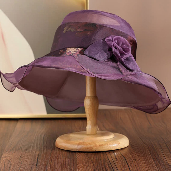 Women's Real Silk Lace Edge Floral Decor Sun Dress Hat