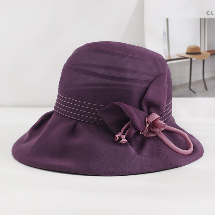 Women's Wide Decorative Flower Real Silk Summer Dress Hat - Dark Purple - Adjustable (20 7/8"-22 1/2") - image 13