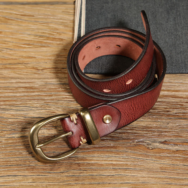 Single Prong Half Round Buckle Work Leather Belt - Reddish-Brown - 40 - image 2