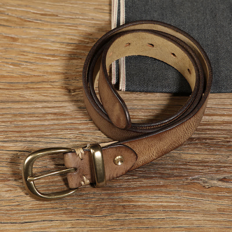 Single Prong Half Round Buckle Work Leather Belt - Khaki - 40 - image 4