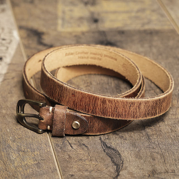 Women's Thin Strap Skinny Cowhide Leather Belt - Khaki - 38 - image 0