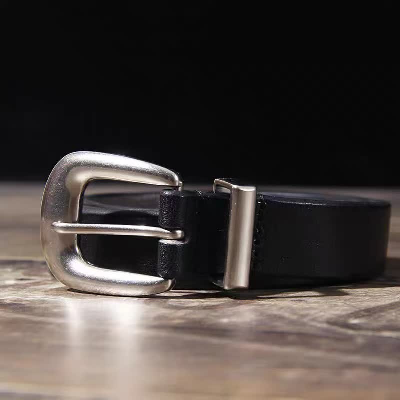 Women's Simple Silver Buckle Thin Strap Black Leather Belt