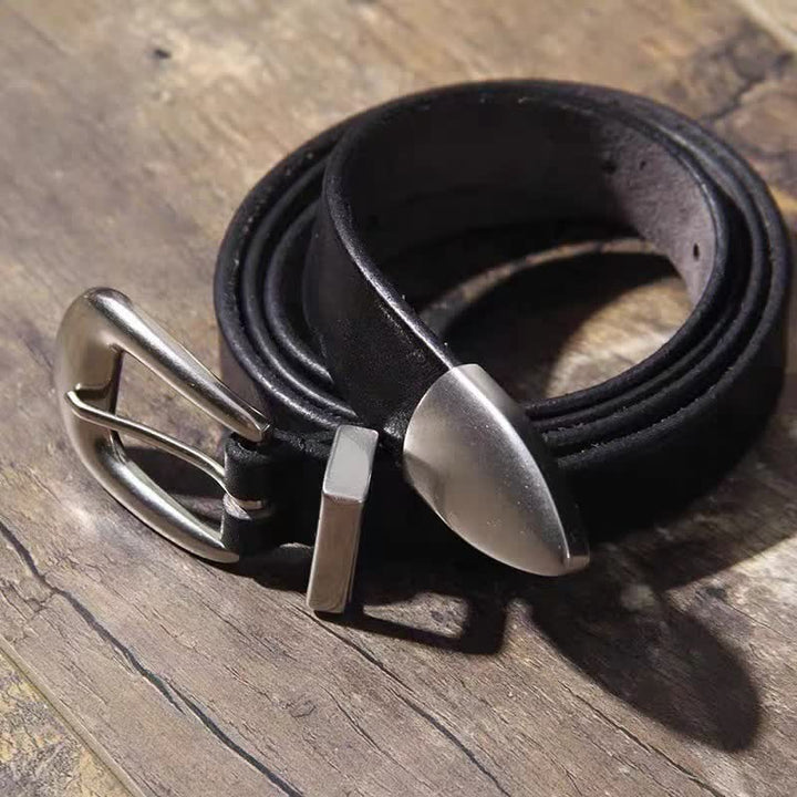 Women's Simple Silver Buckle Thin Strap Black Leather Belt