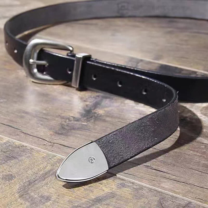 Women's Simple Silver Buckle Thin Strap Black Leather Belt
