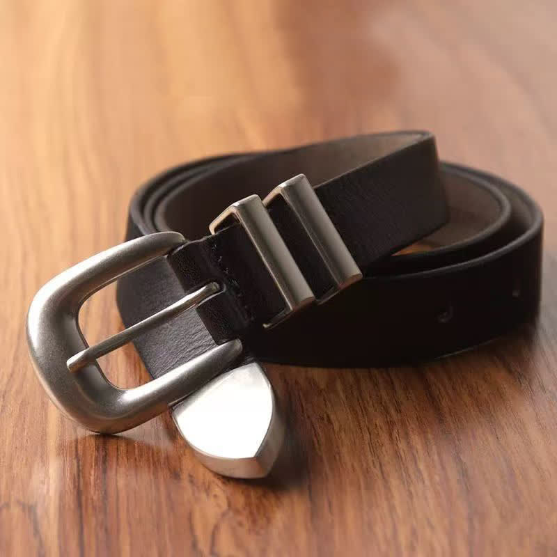 Women's Simple Silver Buckle Thin Strap Black Leather Belt