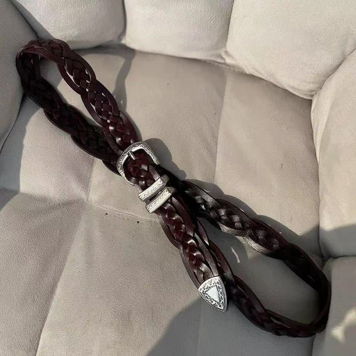 Fashion Woven Carved Silvery Buckle Leather Belt - Coffee - 43.41in / 110cm - image 2