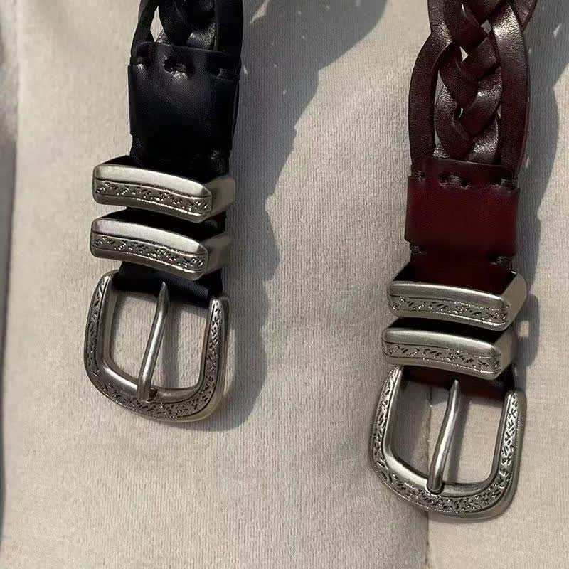 Fashion Woven Carved Silvery Buckle Leather Belt