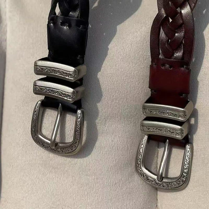 Fashion Woven Carved Silvery Buckle Leather Belt
