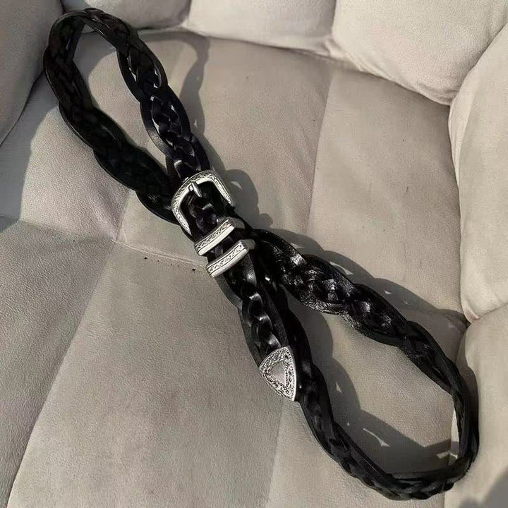 Fashion Woven Carved Silvery Buckle Leather Belt - Black - 43.41in / 110cm - image 0