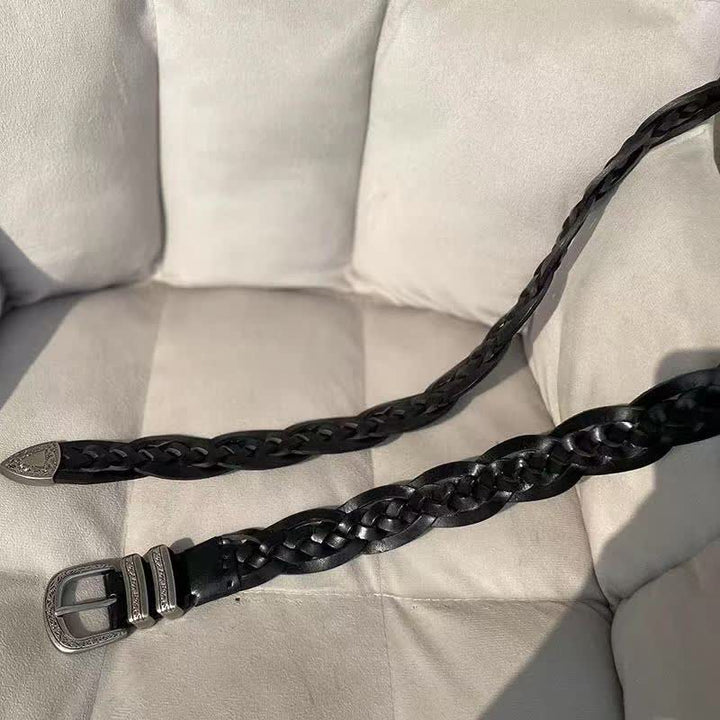 Fashion Woven Carved Silvery Buckle Leather Belt