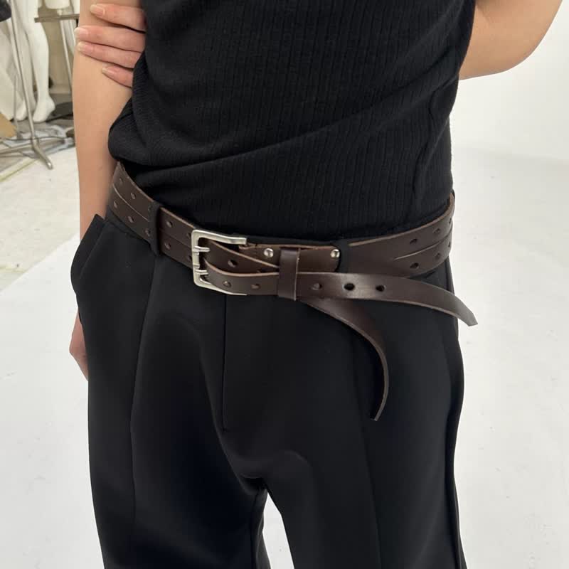 Novel Double Prong Dual Strap Brown Leather Belt - image 3