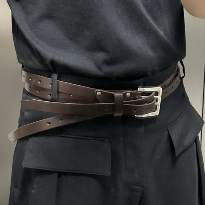 Novel Double Prong Dual Strap Brown Leather Belt - Brown - 38 - image 0