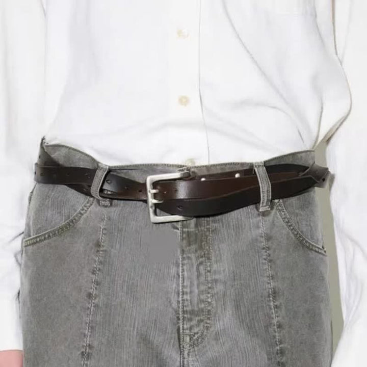 Novel Double Prong Dual Strap Brown Leather Belt