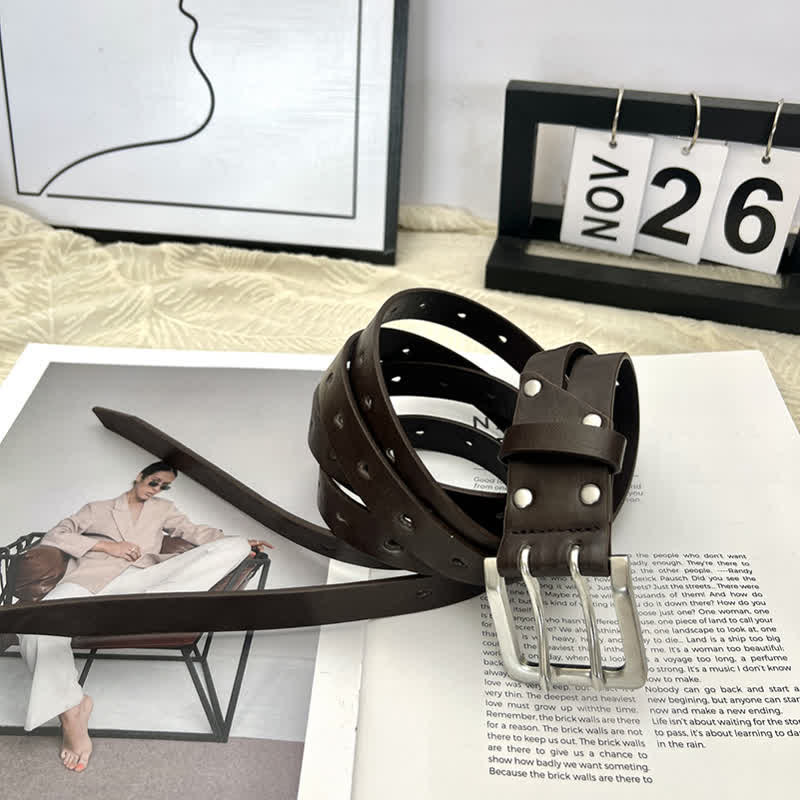 Novel Double Prong Dual Strap Brown Leather Belt - image 2