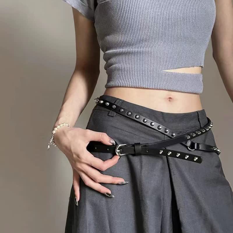Women's Black Extra Long Double Layer Casual Punk Rivet Leather Belt