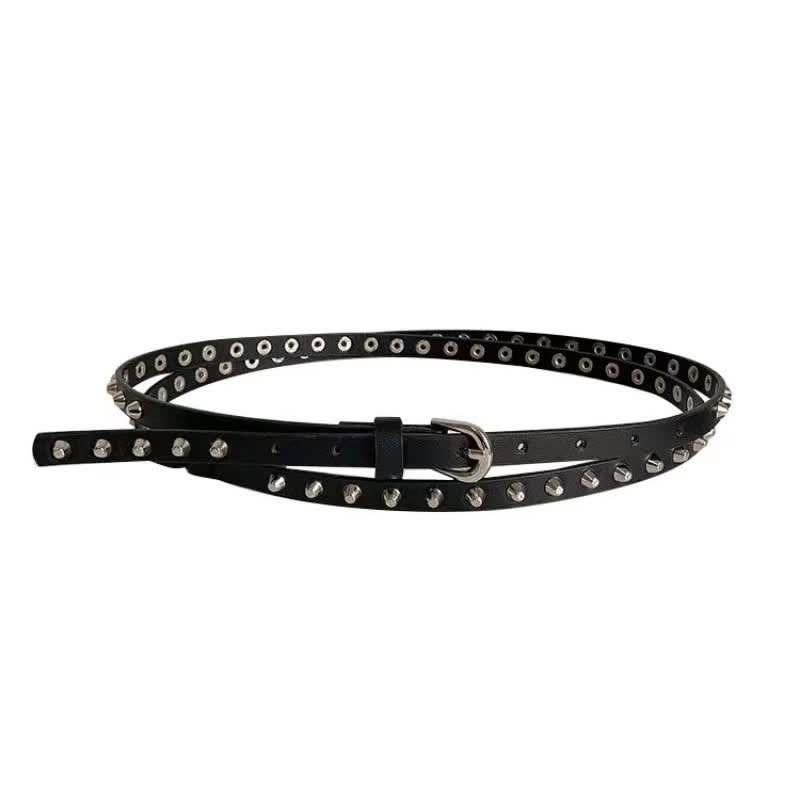 Women's Black Extra Long Double Layer Casual Punk Rivet Leather Belt