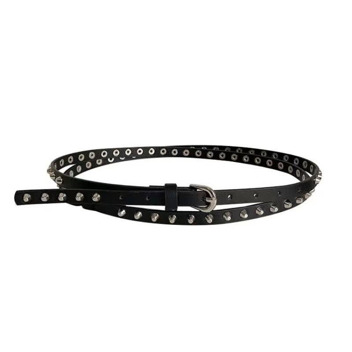 Women's Black Extra Long Double Layer Casual Punk Rivet Leather Belt