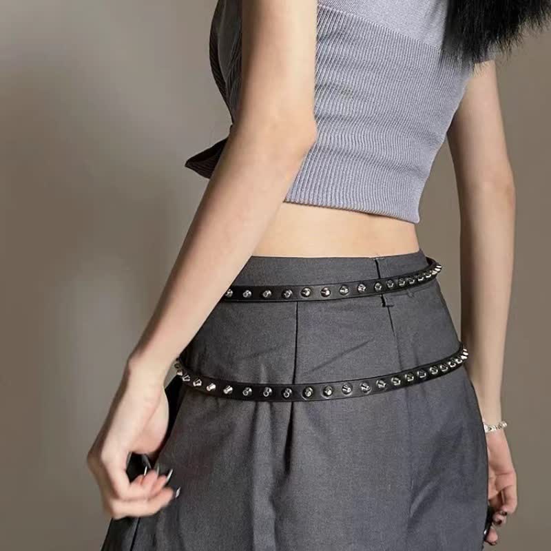 Women's Black Extra Long Double Layer Casual Punk Rivet Leather Belt - image 6