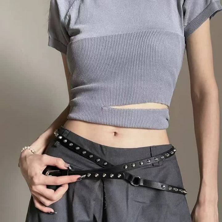 Women's Black Extra Long Double Layer Casual Punk Rivet Leather Belt
