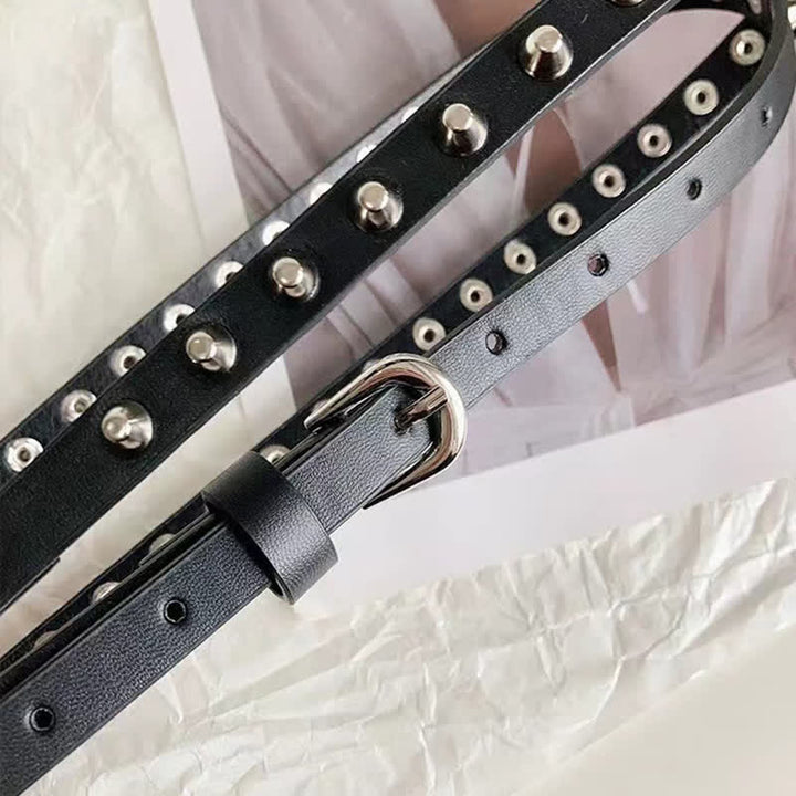 Women's Black Extra Long Double Layer Casual Punk Rivet Leather Belt