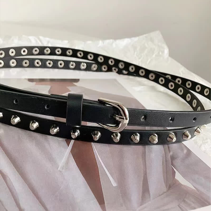 Women's Black Extra Long Double Layer Casual Punk Rivet Leather Belt