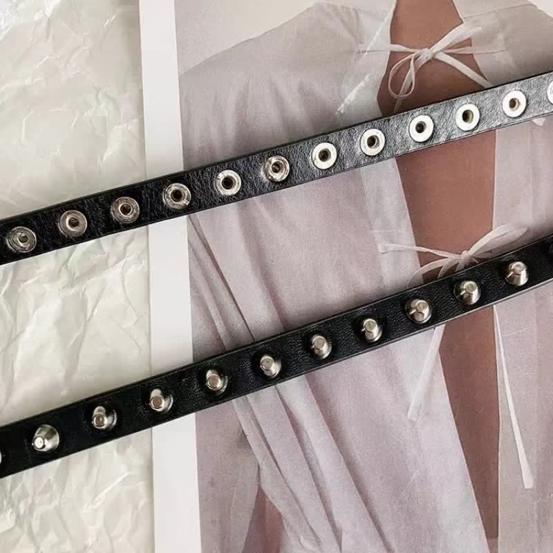 Women's Black Extra Long Double Layer Casual Punk Rivet Leather Belt - image 3