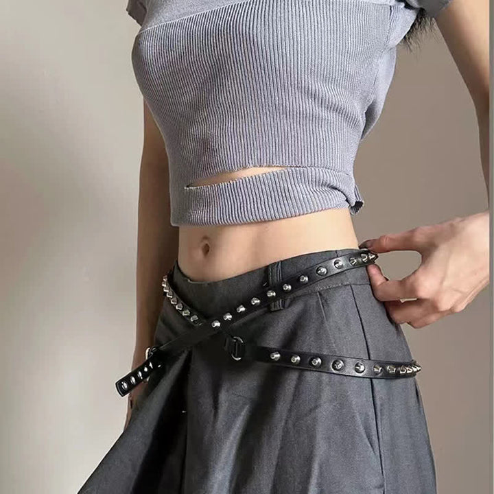 Women's Black Extra Long Double Layer Casual Punk Rivet Leather Belt
