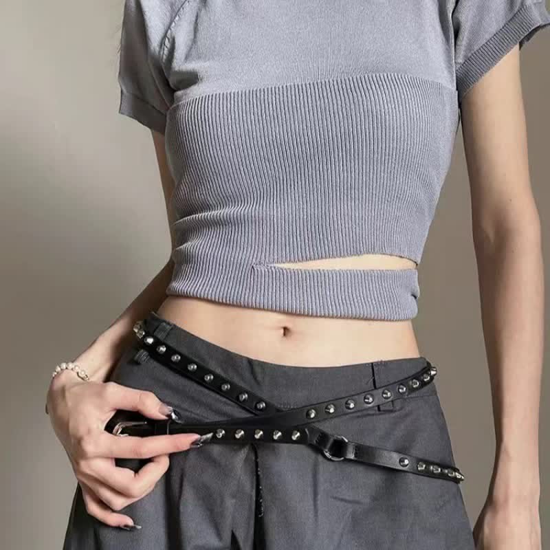 Women's Black Extra Long Double Layer Casual Punk Rivet Leather Belt - Black - 67.32" / 171cm - image 0