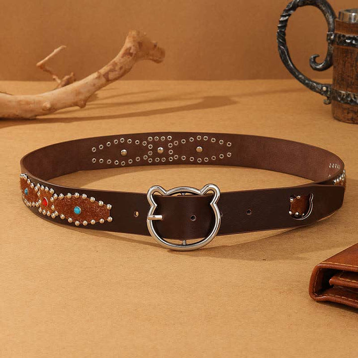 Women's Cute Bear Buckle Patchwork Bohemia Rivets Leather Belt - image 3