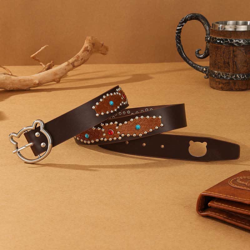 Women's Cute Bear Buckle Patchwork Bohemia Rivets Leather Belt - image 2